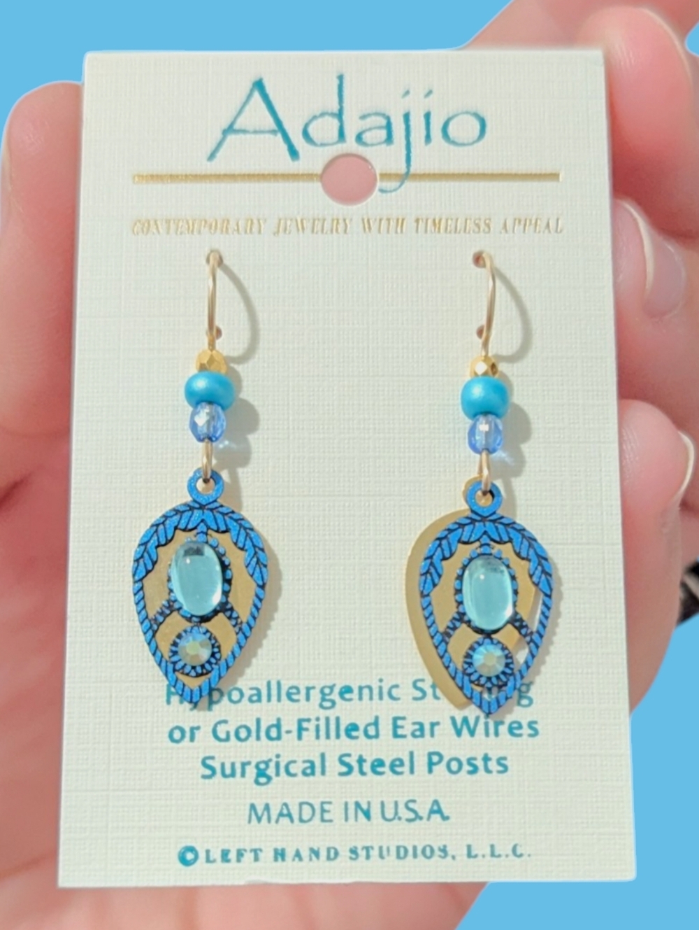 Adajio Blue Teardrop Dangle Earrings Lightweight USA Made Gold-Filled Ear Wires